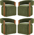 Upholstered Dining Chairs with Casters, Modern Barrel Side Armchair with Rollers & Wooden Armrest for Dining Room, Bedroom, Kitchen, Reading Room, Green, Set of 4