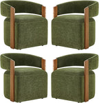 Upholstered Dining Chairs with Casters, Modern Barrel Side Armchair with Rollers & Wooden Armrest for Dining Room, Bedroom, Kitchen, Reading Room, Green, Set of 4