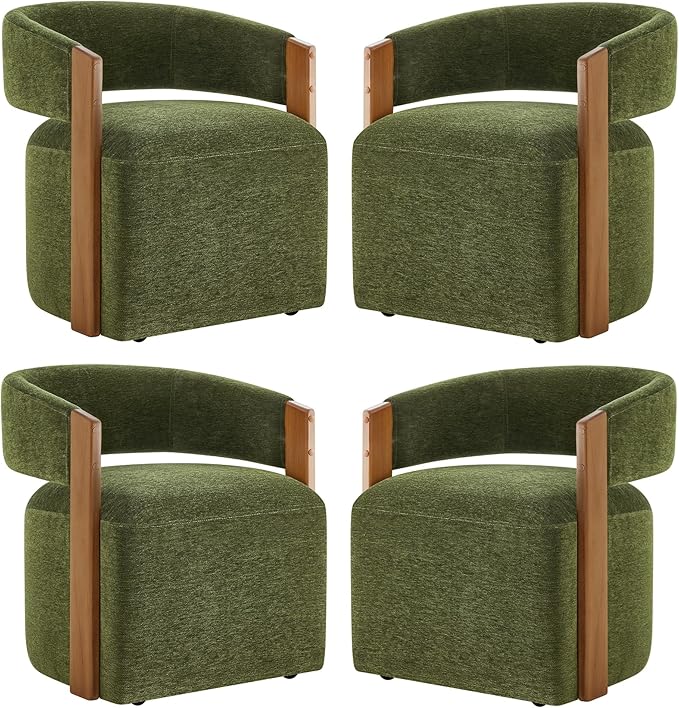 Upholstered Dining Chairs with Casters, Modern Barrel Side Armchair with Rollers & Wooden Armrest for Dining Room, Bedroom, Kitchen, Reading Room, Green, Set of 4