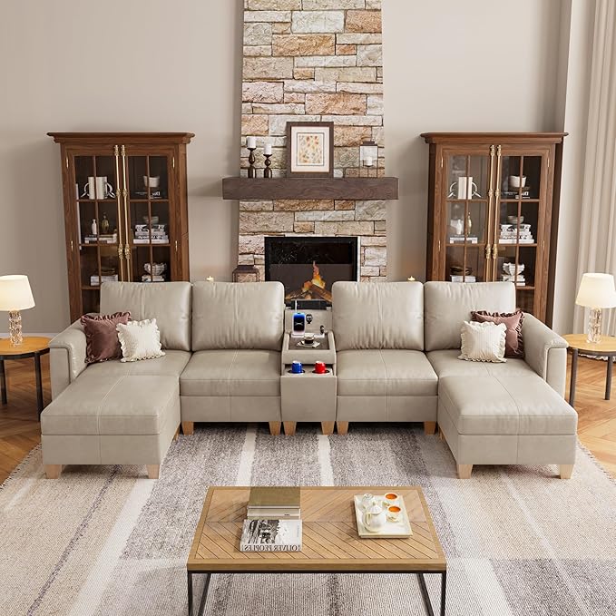 SITJOY 132" Faux Leather Modular Sectional Sofa with Storage, Mid Century Modern Sectional Couches for Living Room, 6 Seat U Shaped Couch with Ottoman and Console Table, Hidden Cupholders, Greige