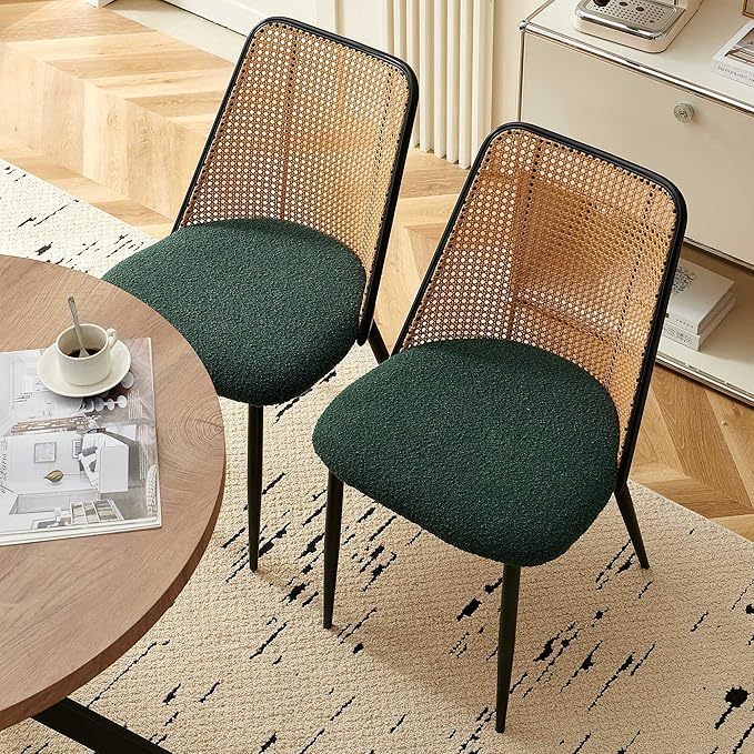 Green Dining Chairs Set of 4, Upholstered Home Kitchen Chairs Woven Rattan Ba...