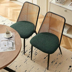 Green Dining Chairs Set of 4, Upholstered Home Kitchen Chairs Woven Rattan Back Boho Dining Room Chairs Comfortable with Metal Legs for Living Room Dining Hall