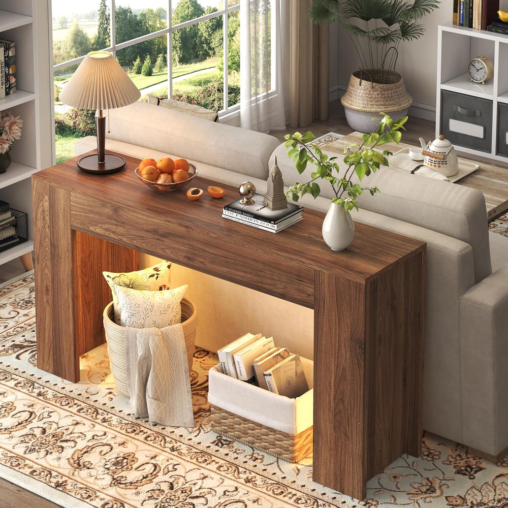 knoworld 63-Inch Long Console Table with LED Light, Farmhouse Sofa Table Behi...