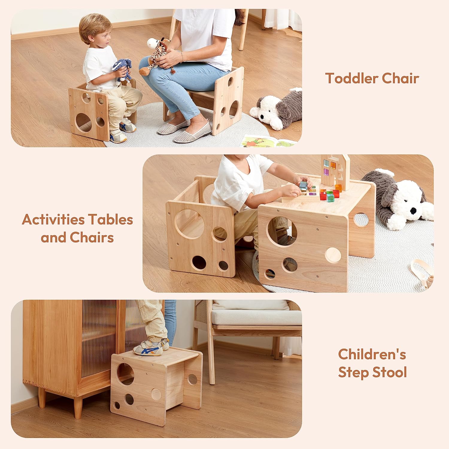 Montessori Weaning Table and Chair Set, Adjustable Toddler Furniture to 1-3 | Solid Wood Material, Multi-Scene Use, Ideal for Learning, Eating and Drawing, Safe Activity Furniture for Baby Boys and Girls