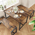 Dining Table Set for 4 with 2 Benches, 3-Piece Kitchen Table Set, Space-Saving Dining Set for Kitchen, Dining Room, Brown