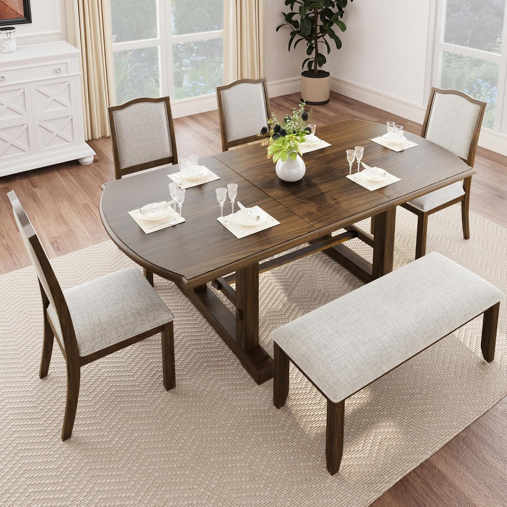 6-Piece Dining Table Set, 60inch to 78inch Extendable Wood Dining Table with ...