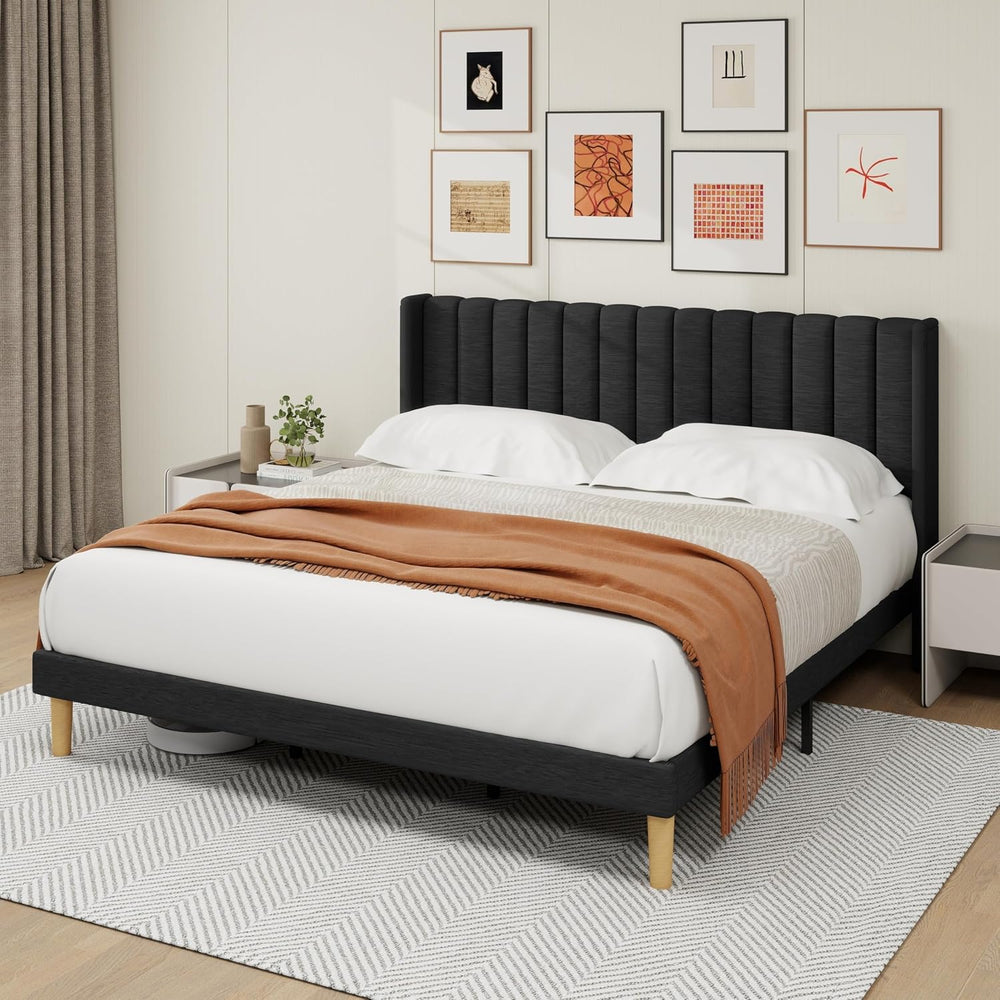 alazyhome King Bed Frame with Linen Upholstered Headboard, Black