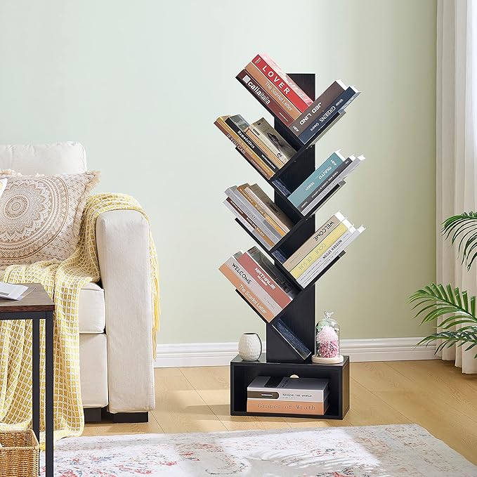 Hoctieon 6 Tier Tree Bookshelf, Tall Bookcase with Drawer, Freestanding Book Shelf, Display Floor Standing Storage Shelf, Book Organizer Shelves for Home Office, Living Room, Bedroom, Black