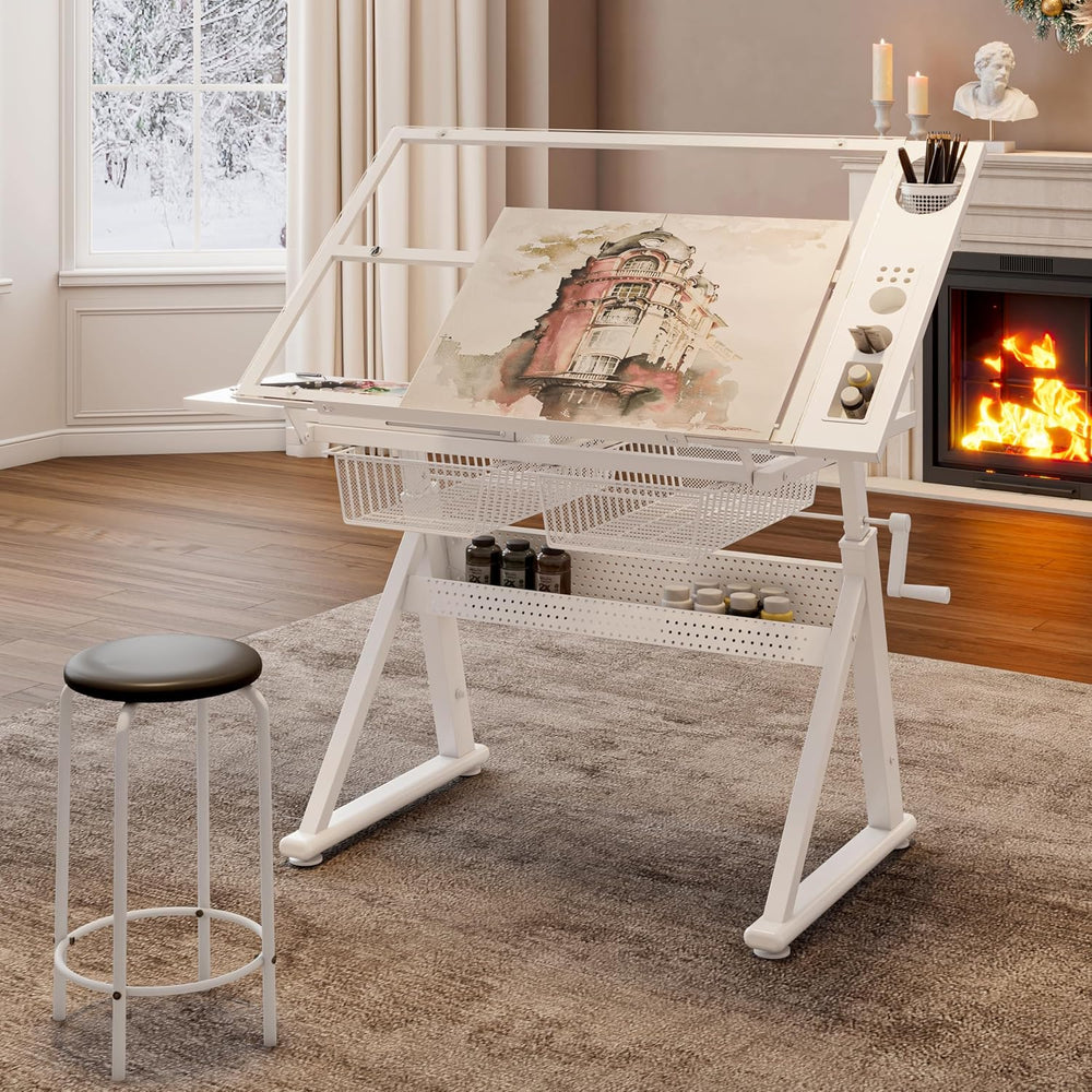 Height Adjustable Drafting Art Table for Adults, White Tempered Glass Draftin...