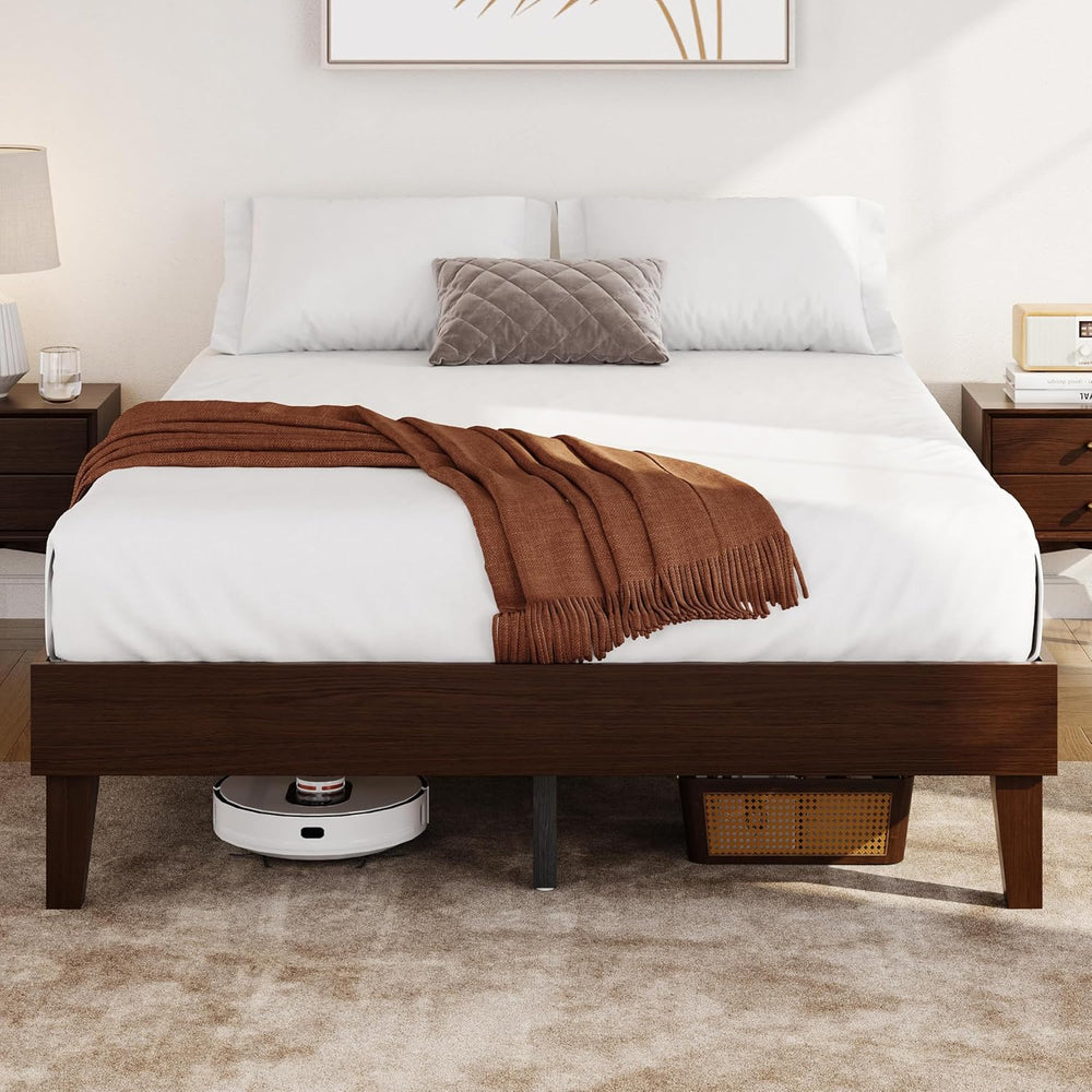 Yaheetech Queen Size Solid Wood Platform Bed Frame Low-Profile Dark Walnut