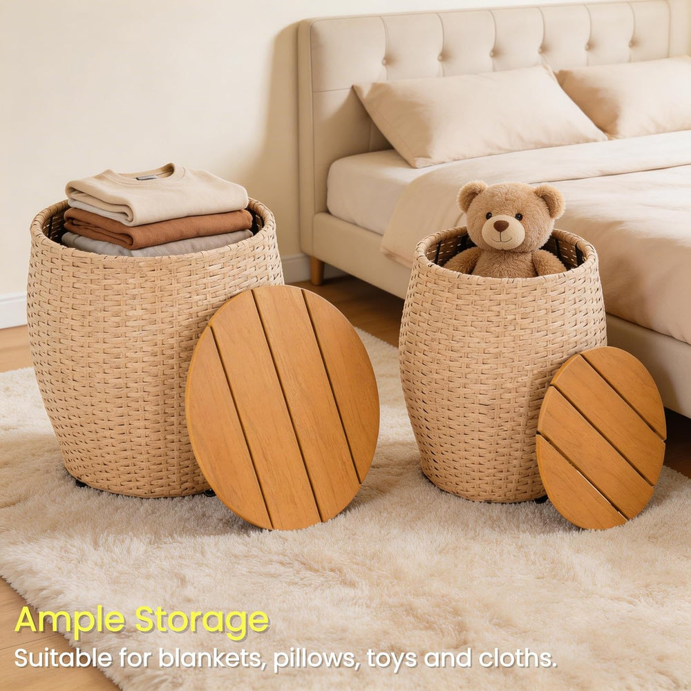 Wicker Side Table Set of 2, Round End Tables with Storage Basket, Multifuncti...