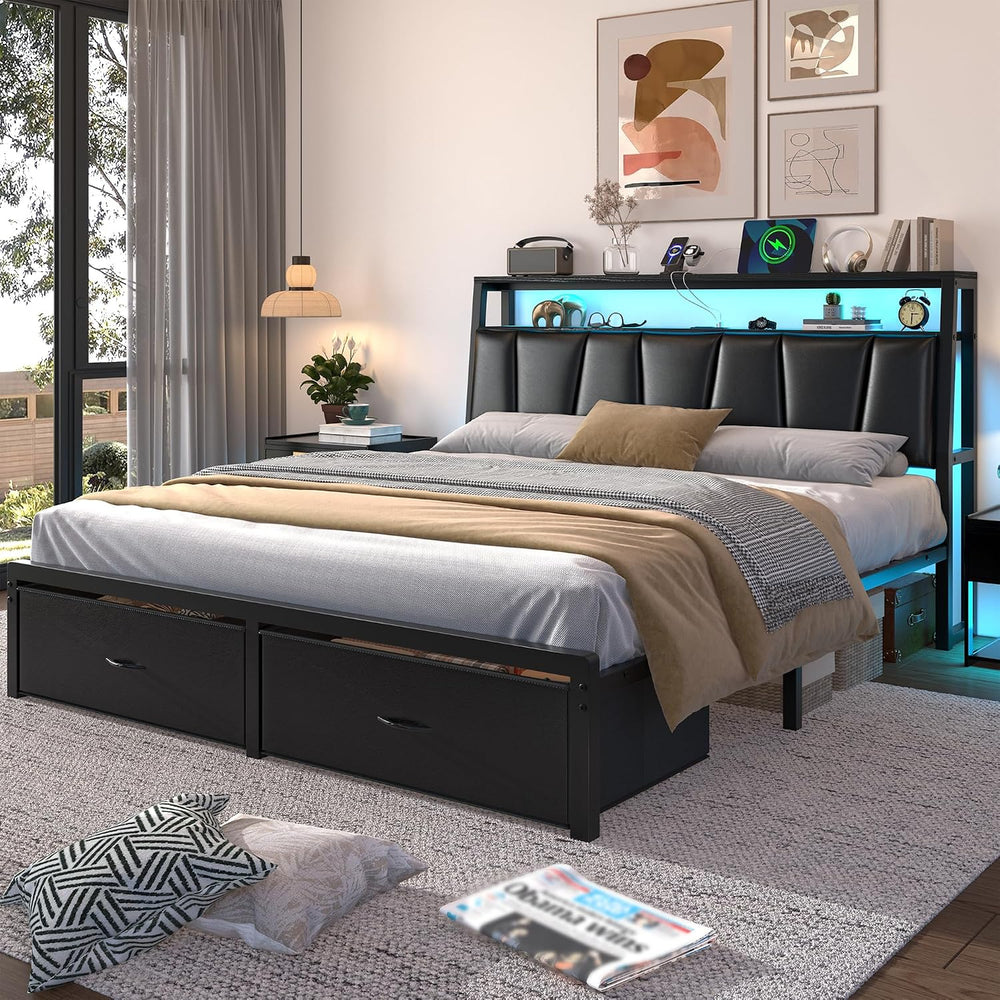 FreeHouse Full Size Bed Frame with Storage Headboard & 2 Drawers, Black