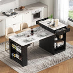 Merax 59.5" Kitchen Island with Extendable Table, Black | Table with Double-Sized Storage, Modern Island with 2 Drawers, Power Outlet, Side Open Shelves for Dining Room