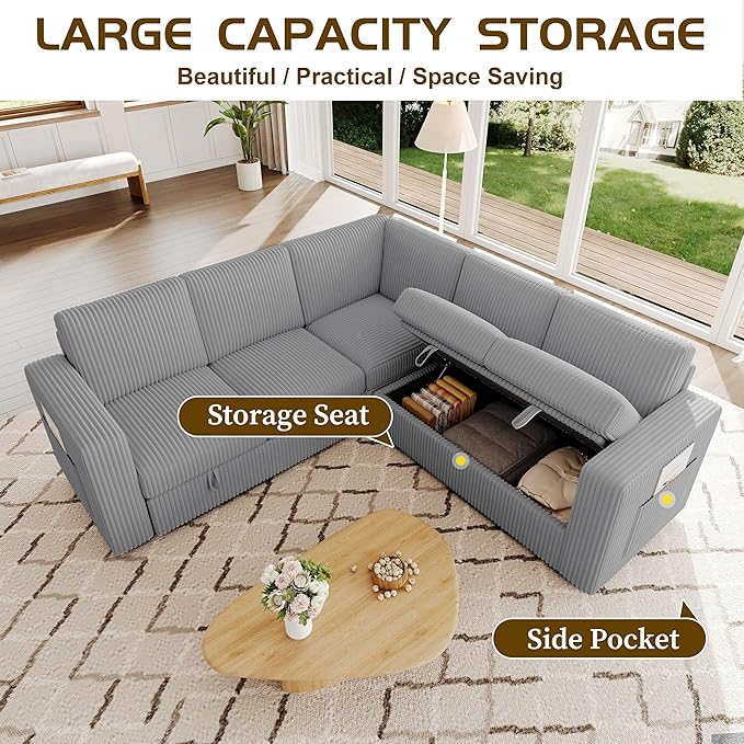 83.5" Sectional Sleeper Sofa with Pull Out Couch, Modern 5 Seat L Shaped Modular Couch, Sectionals Modular Sofa with Storage, Comfy Corduroy Couches Sectional for Living Room & Apartment, Gray