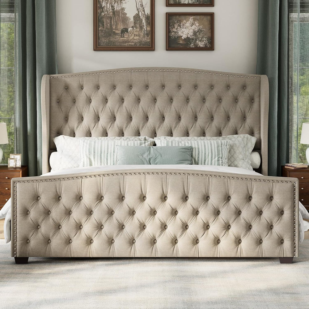 AMERLIFE King Size Bed Frame with Velvet Upholstered Wingback Headboard