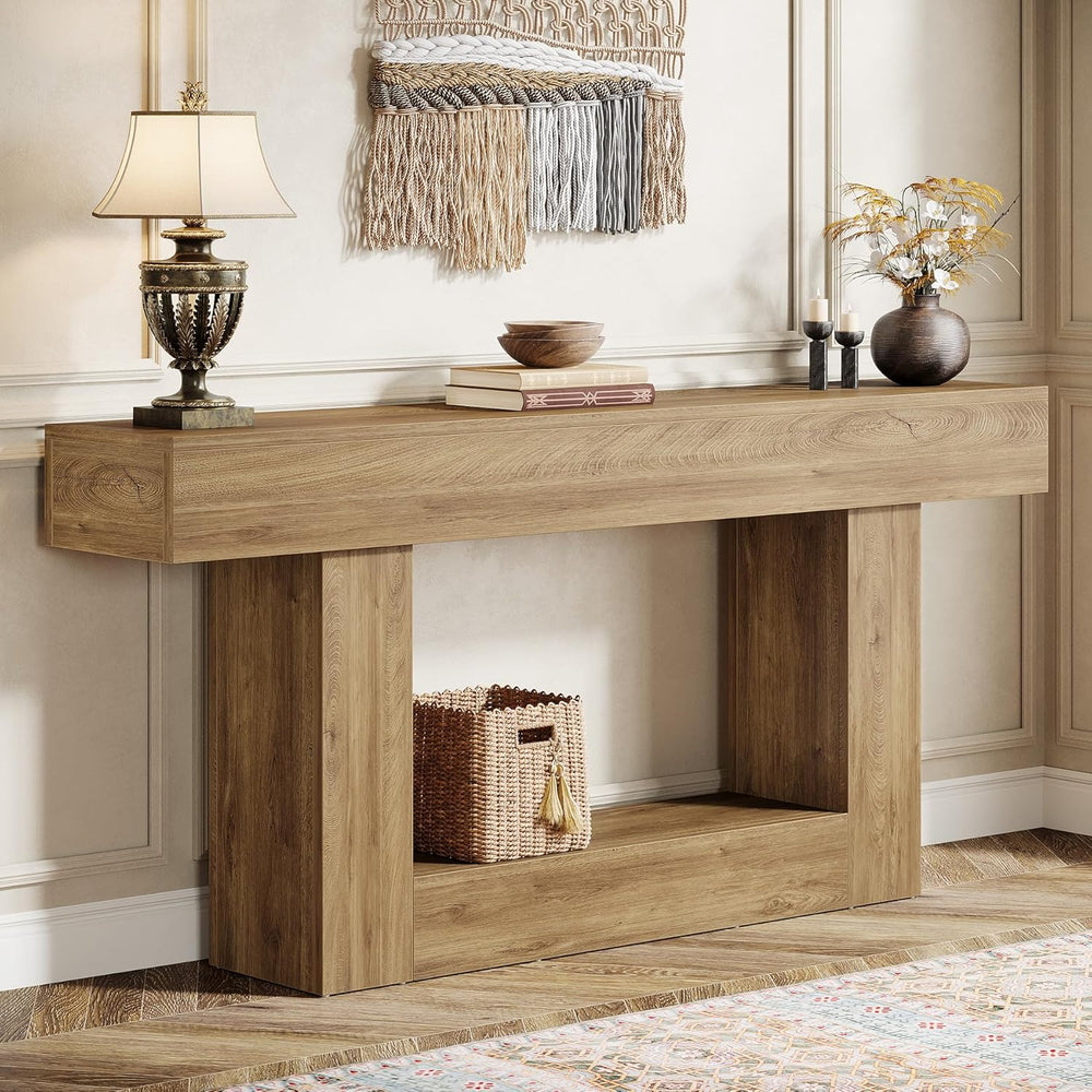 Tribesigns 63" Console Table, Farmhouse 2-Tier Entryway Table with U-Sha...