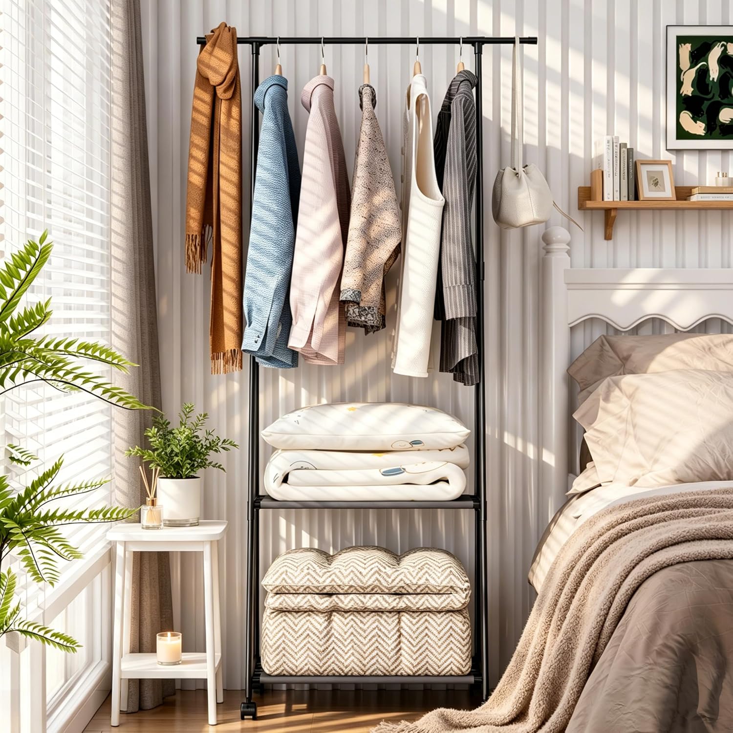 GcdPai Freestanding Clothing Rack Double-Tier with Shoe Storage | Space-Saving Closet Organizer, For Entryway, Bedroom & Walk-In Wardrobe, Triangle Coat Rack, Garment Rack