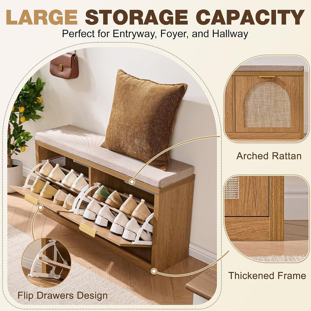 Rattan Narrow Entryway Bench with Shoe Storage, 2 Flip Drawers & Coat Rac...