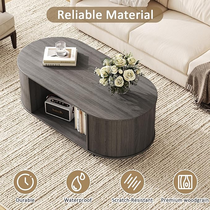 Coffee Table and TV Stand Set of 2,76.4'' Modern TV Console，Entertainment Center with 4 Drawers,Modern Oval Coffee Table with Storage, Wood Center Tables for Living Room, Bedroom, Home Office, Grey