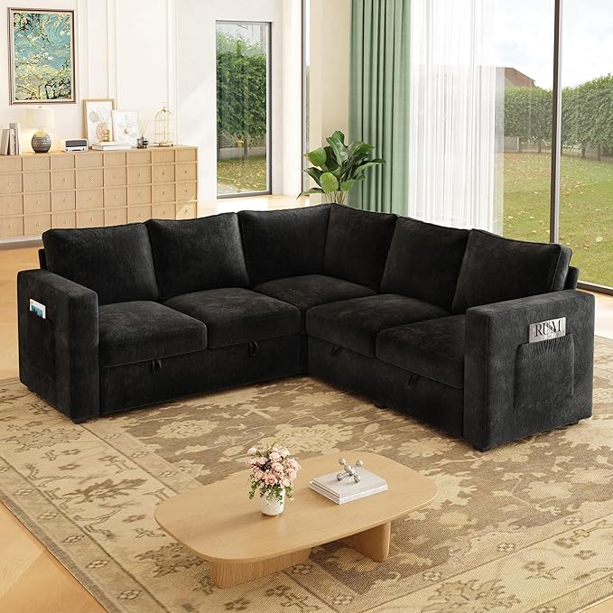 83.5" Sectional Sleeper Sofa with Pull Out Couch, Modern 5 Seat L Shaped Modular Couch, Sectionals Modular Sofa with Storage, Comfy Sectional Couches for Living Room & Apartment, Black