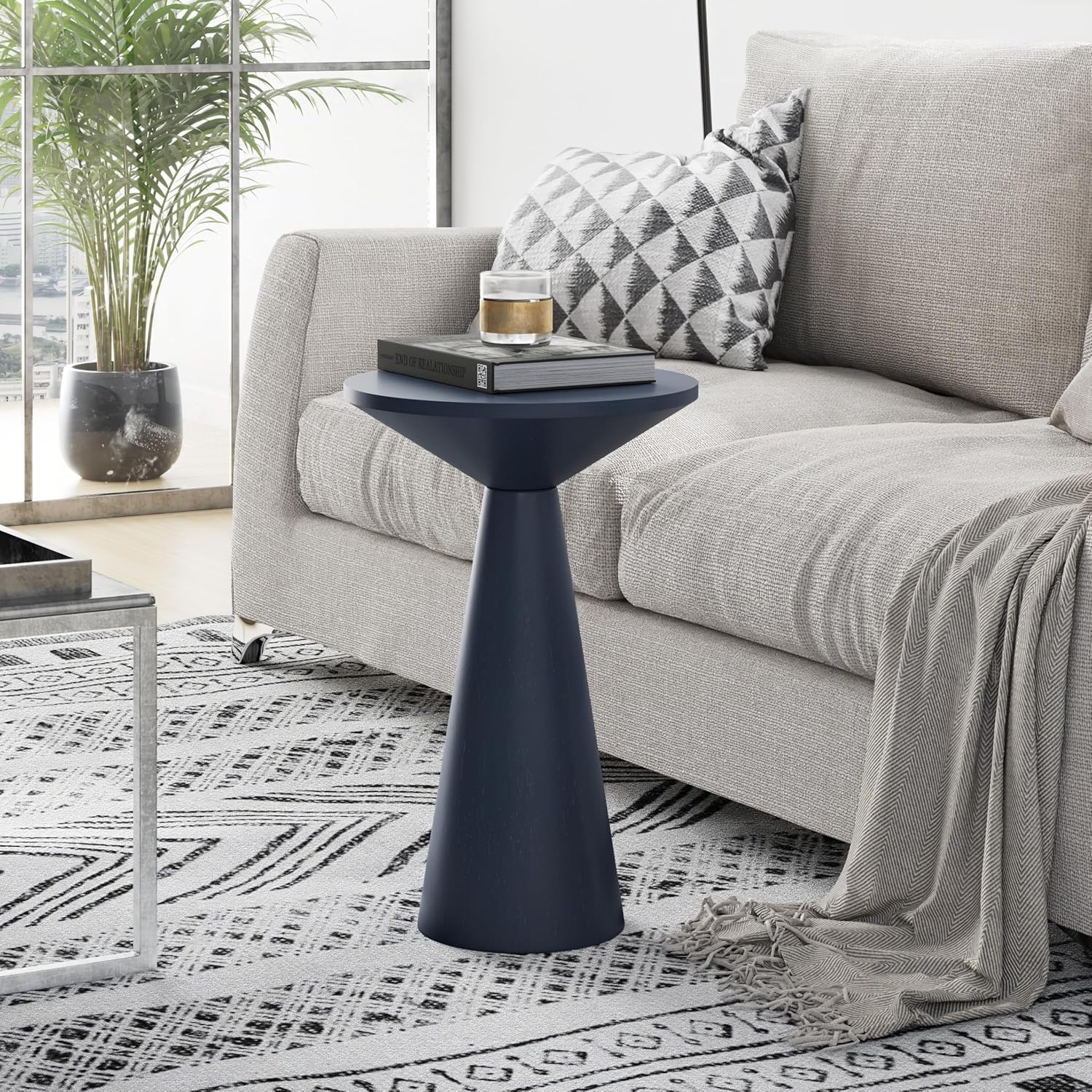 COZAYH Small Pedestal End Table Round Farmhouse Martini Table Wood Plant Stand Rustic Drink Table for Small Space Living Room, Dark Blue