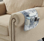 Brilliant Sunshine Blue Toile Couch Sofa Armrest 5 Pockets Organizer, Slip Resistant Recliner Armchair Caddy, Washable Remote Controls Holder, Storage for Magazine, Tablet, Phone, iPad, 35×13", Blue