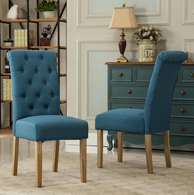 Roundhill Furniture Habit Solid Wood Tufted Parsons Dining Chair (Set of 2), Blue