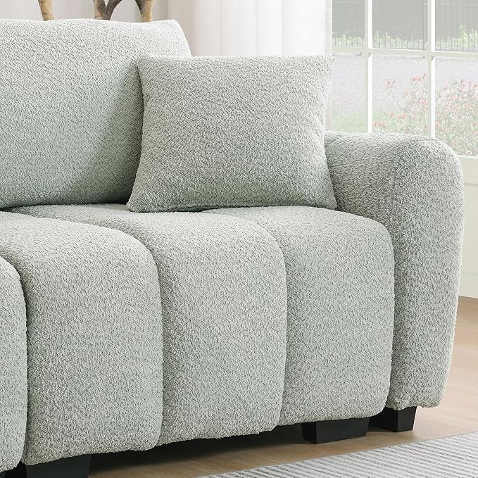 Ball & Cast Modular Sectional Sofa W/Movable Ottoman and 2 Lumbar Pillows,4 Seater L Shaped Couch W/Deep Seat&Pull-line Design,Boucle Fabric Upholstered Sofa for Living Room,Apartment,Light Green,110"