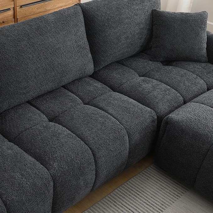 Ball & Cast Modular Sectional Sofa W/Movable Ottoman and 2 Lumbar Pillows,4 Seater L Shaped Couch W/Deep Seat,DIY Combination,Boucle Fabric Upholstered Sofa for Living Room,Apartment,Black+ Gray,110"