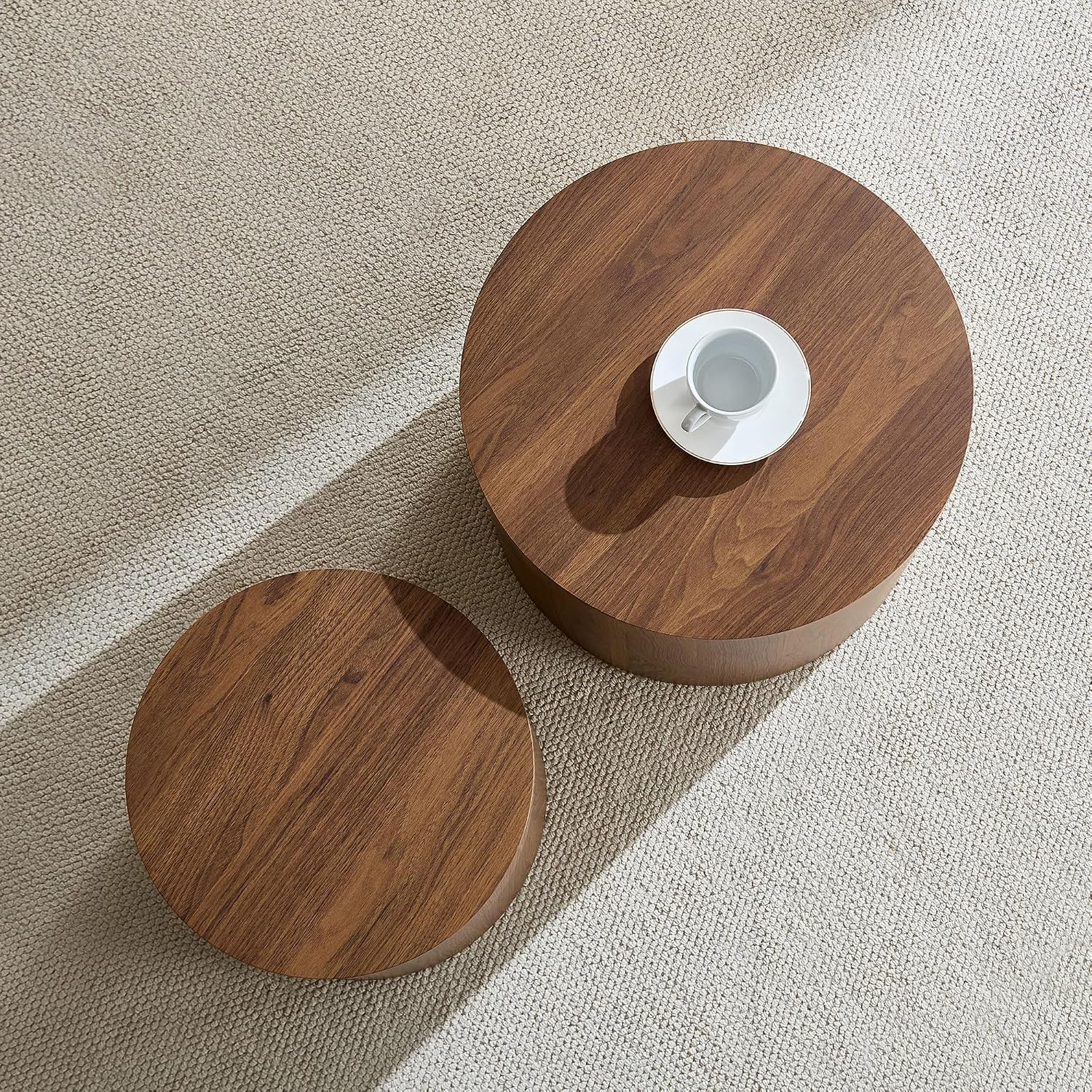 Nesting Coffee Table Set of 2, Modern Round Coffee Table Drum Side Table, Wooden Circle Accent Tables End Tables for Small Spaces Living Room Bedroom Office (Walnut)
