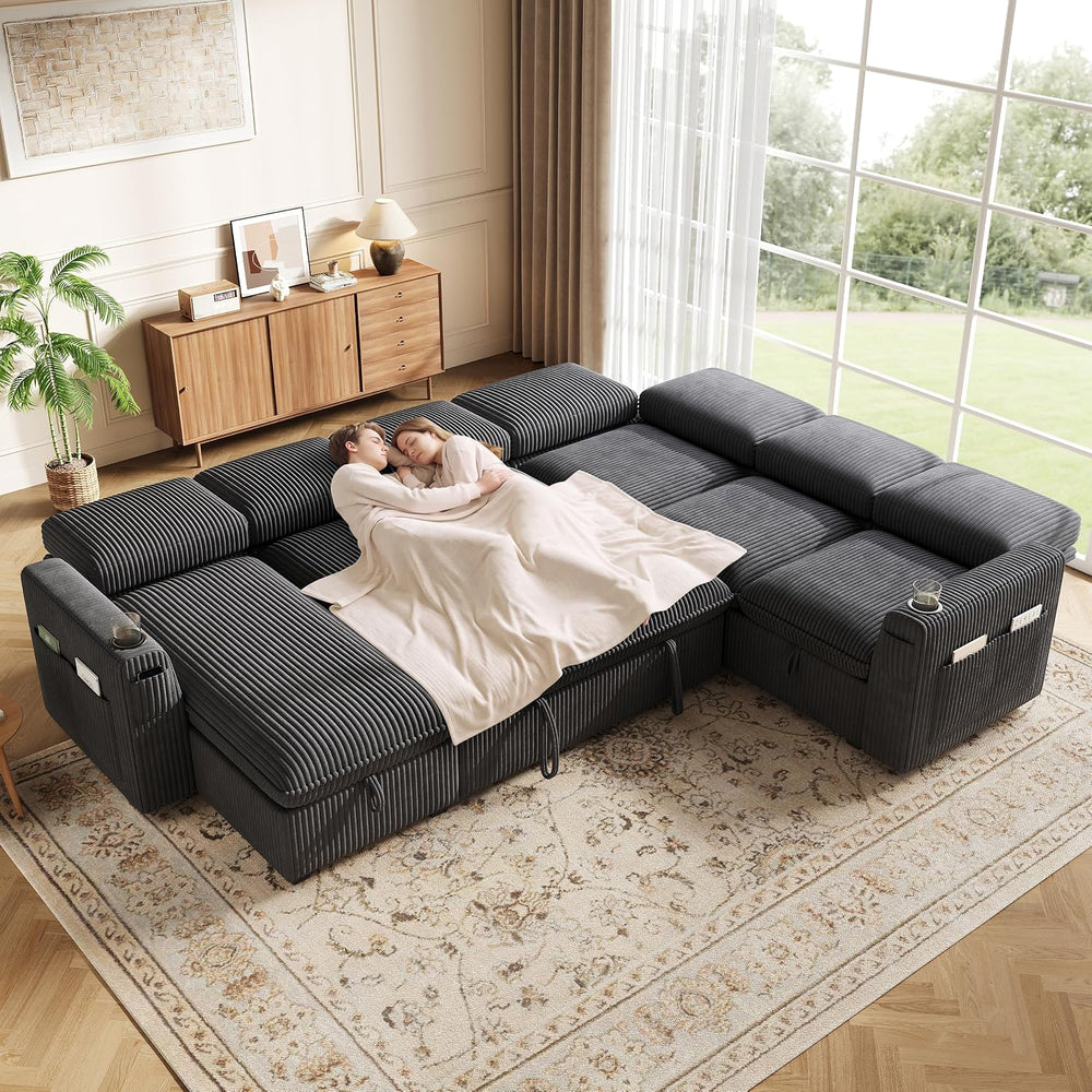 Sectional Sleeper Sofa with Pull Out Bed, Plush Corduroy 7 Seat Modular Secti...