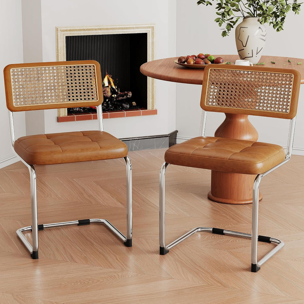 Dining Chairs Set of 4, Natural Rattan Brown Kitchen Side Chairs-PU Seat