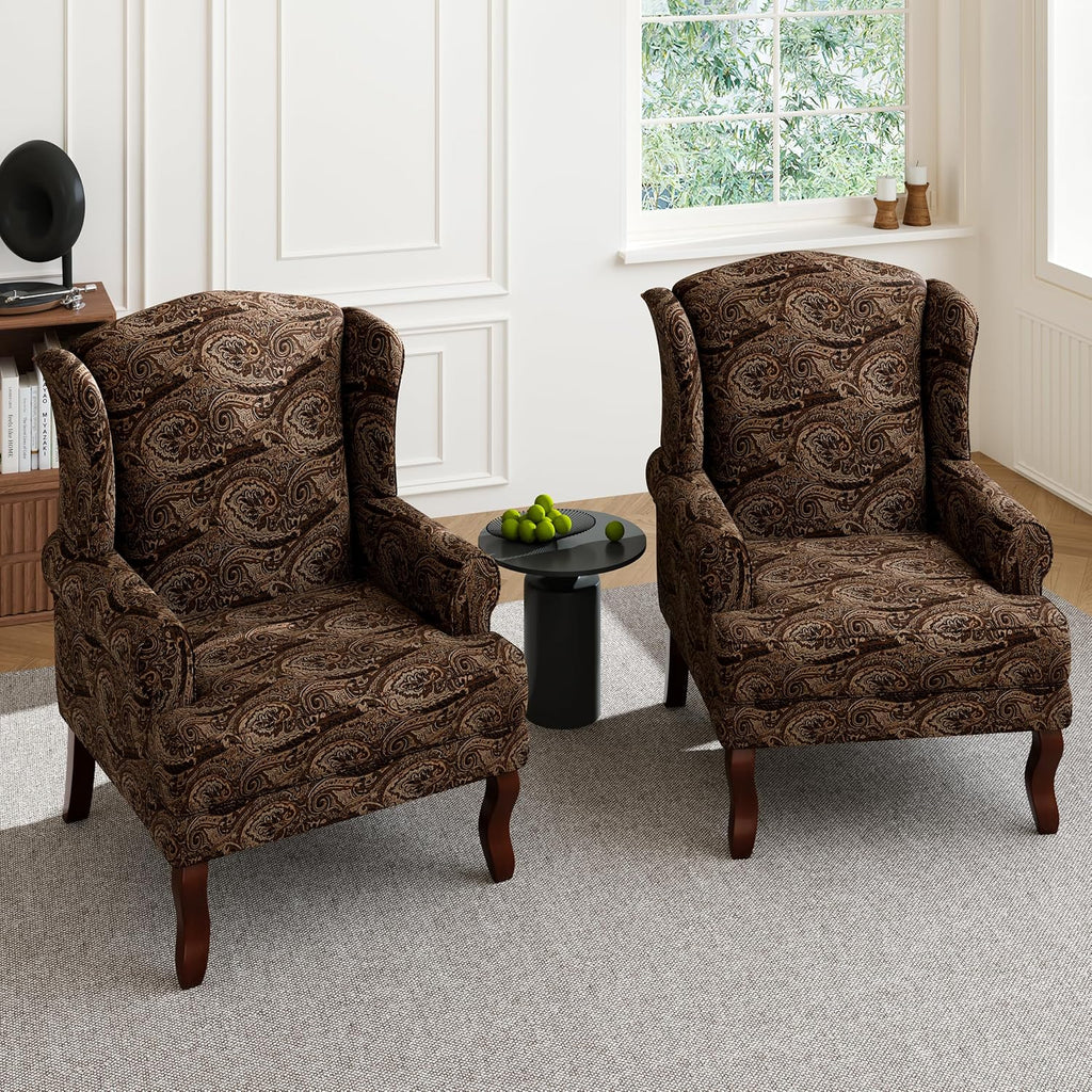 High Back Floral Accent Chairs Set of 2, Fabric Upholstered Armchair Retro Arm Club Chair for Living Room, Comfy Single Sofa Bedroom Reading Seat with Solid Wood Legs - Brown Cranberry