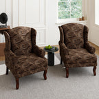 High Back Floral Accent Chairs Set of 2, Fabric Upholstered Armchair Retro Arm Club Chair for Living Room, Comfy Single Sofa Bedroom Reading Seat with Solid Wood Legs - Brown Cranberry