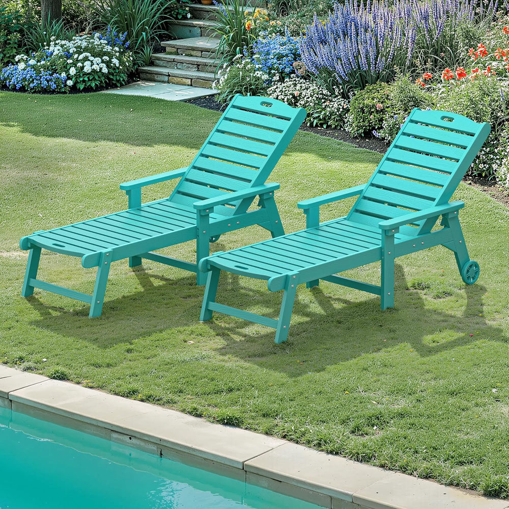 LUE BONA Lounge Chair Outdoor Set of 2, HDPS Chaise Lounge Outdoor with Wheel...