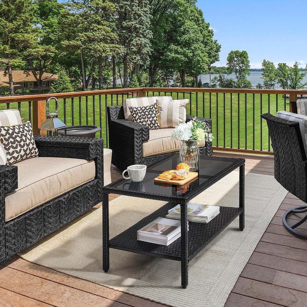 Yaheetech Outdoor Wicker Coffee Side Table with Tempered Glass Top, Black | All-Weather Rattan Patio Storage Furniture for Garden