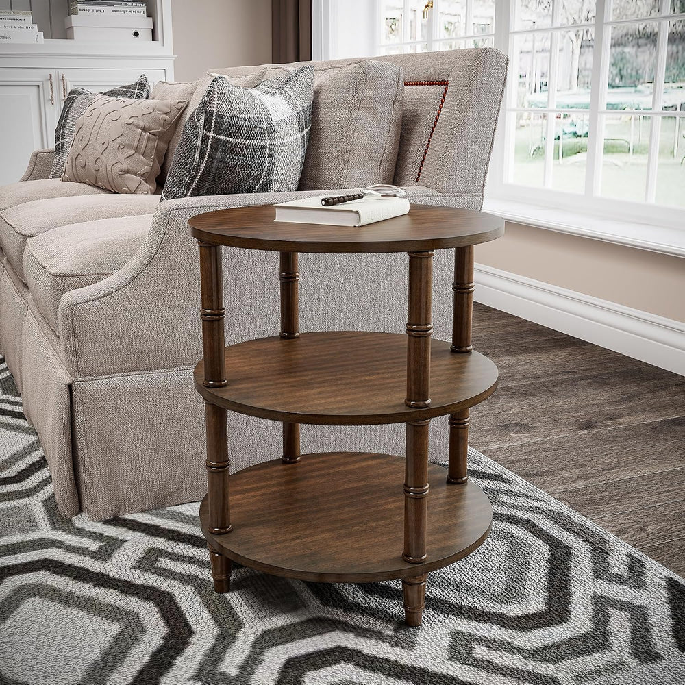 Round End Table with Storage Shelf, 19.7" High Sofa Side Table- with Bam...