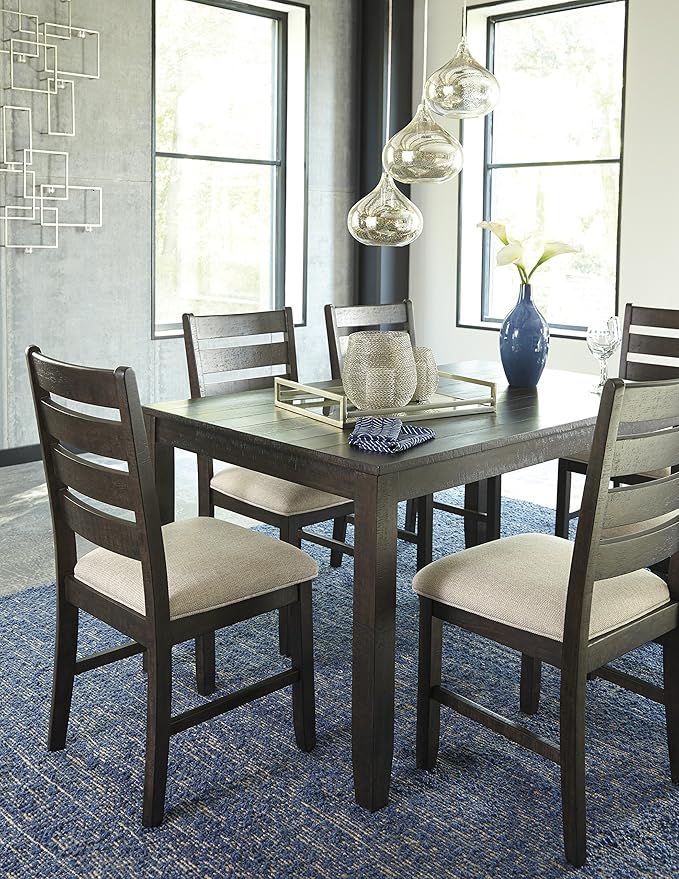 Signature Design by Ashley Rokane 7-Piece Dining Room Table Set with 6 Upholstered Chairs - Brown Wood 20" Rectangular Table & Chair Set for Kitchen Dining Room
