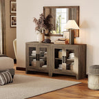 WAMPAT Farmhouse TV Stand for TVs up to 65”, Rustic Wood Entertainment Center with Adjustable Shelf, Glass Doors & Storage, Media Console Cabinet for Living-Room, Bedroom, Brown