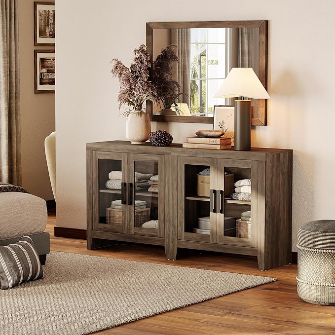 WAMPAT Farmhouse TV Stand for TVs up to 65”, Rustic Wood Entertainment Center with Adjustable Shelf, Glass Doors & Storage, Media Console Cabinet for Living-Room, Bedroom, Brown