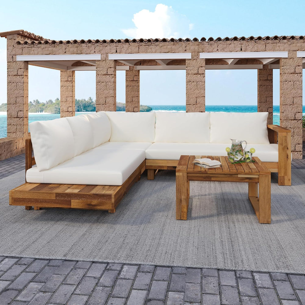 4pc Acacia Wood Outdoor Sectional Sofa Set with Cushions | Slatted Design - M...