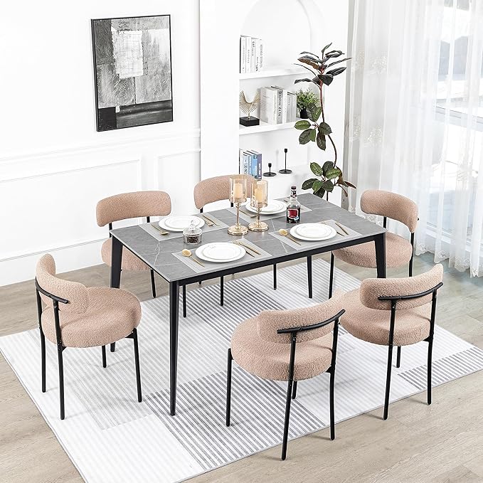 DYHOME Kitchen Chairs Mid-Century Modern Dining Chairs Set of 6, Kitchen Dining Room Chairs, Boucle Upholstered Wishbone Dining Chair, Camel Color