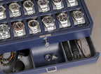 ROTHWELL 12 Slot Leather Watch Box with Valet Drawer - 12 Slot Luxury Watch Case Display Organizer, Microsuede Liner, Mens Accessories Holder, Jewelry Case, Jewelry Display Organizer (Dark Blue/Grey)