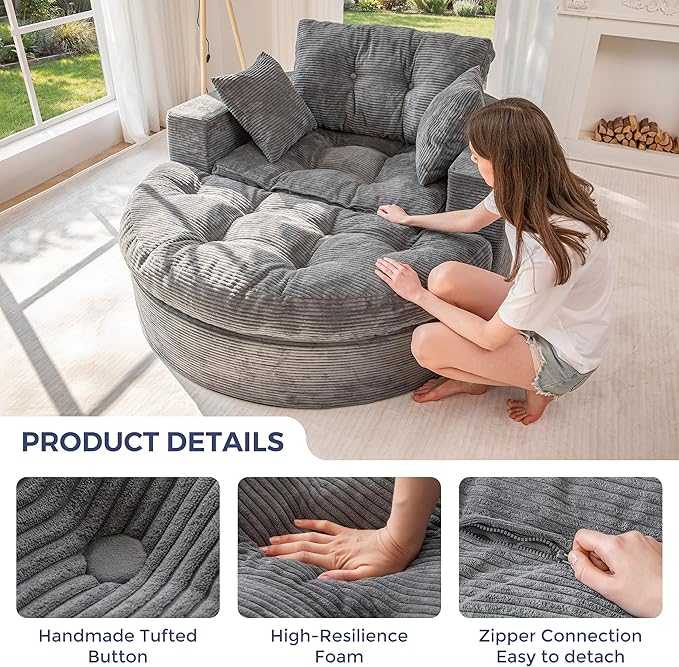 MAXYOYO L Shape Sectional Sofa Couch and Round Chaise Lounge, Modern Cloud Couch with Ottoman, Comfy Sofa with Layered Cushion, Tufted Upholstered Sleeper Chair for Living Room, No Assembly Required