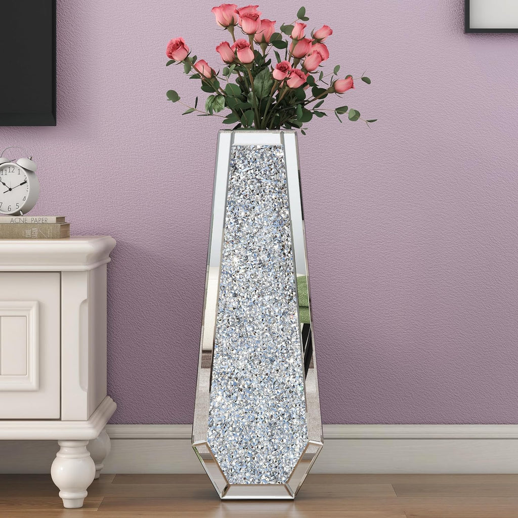SHYFOY 30" Floor Vase Crushed Diamond Mirrored Vase Silver Tall Vases for Floor, Large Crystal Glass Decorative Floor Vases for Living Room Office Corner Hallway Home Decor