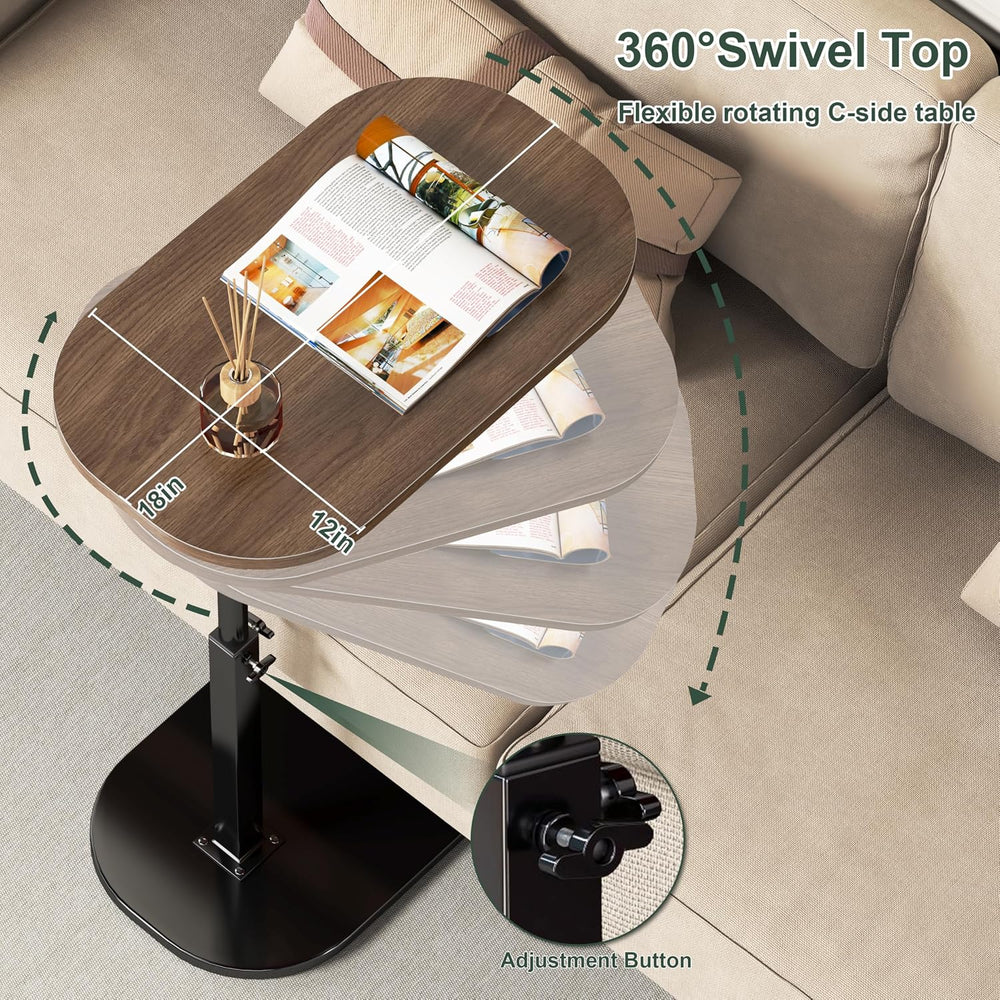 C Shaped Side Table, Adjustable Height C Shaped End Table, 360°Swivel Couch S...