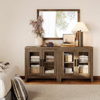 WAMPAT Farmhouse TV Stand for TVs up to 65”, Rustic Wood Entertainment Center with Adjustable Shelf, Glass Doors & Storage, Media Console Cabinet for Living-Room, Bedroom, Brown