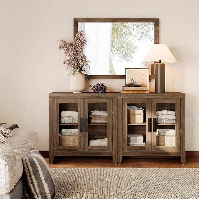 WAMPAT Farmhouse TV Stand for TVs up to 65”, Rustic Wood Entertainment Center with Adjustable Shelf, Glass Doors & Storage, Media Console Cabinet for Living-Room, Bedroom, Brown