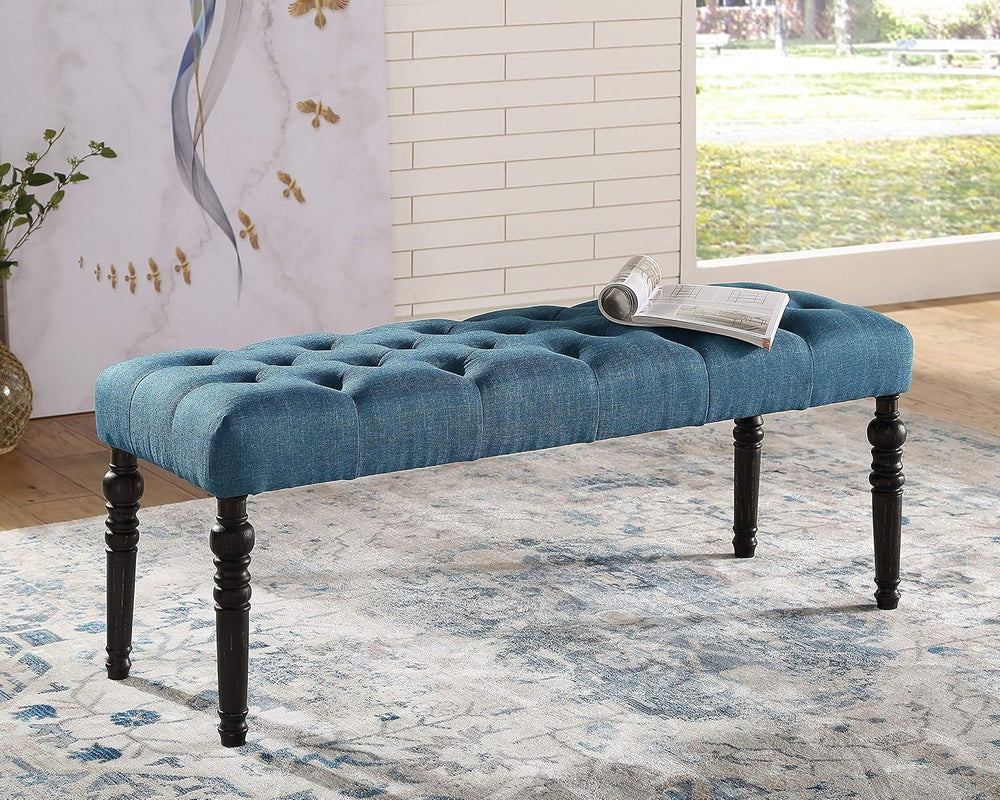 Roundhill Furniture Leviton Fabric Tufted Turned Leg Dining Bench, Blue