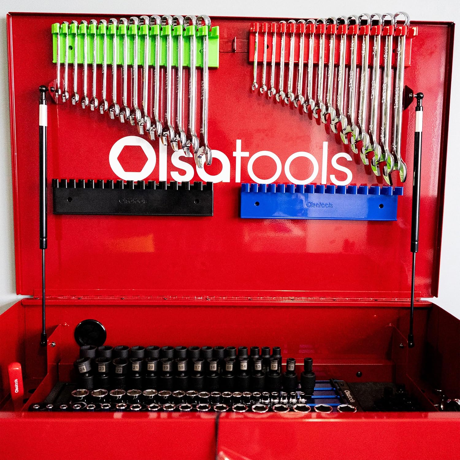 Olsa Tools Magnetic Wrench Organizer, Black - 15 Slot Wrench Holder Rack - SAE and Metric Wrench Storage Rail for Toolbox or Wall - Scratch Free Magnetic Wrench Organizer for Mechanics - Part: 1874